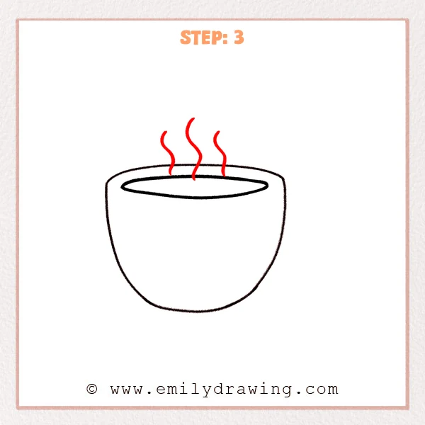 how to draw a coffee cup - A simple coffee cup now has three wavy steam lines rising from the top opening.